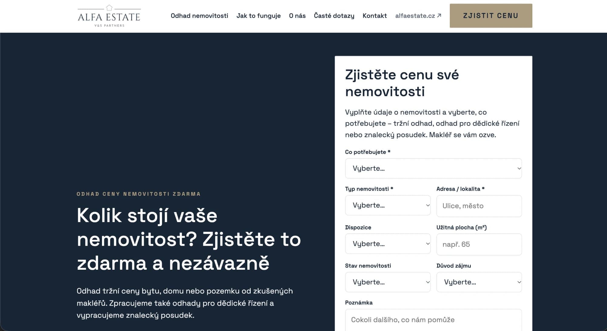 Ukázka webu — Web pro odhad ceny nemovitosti